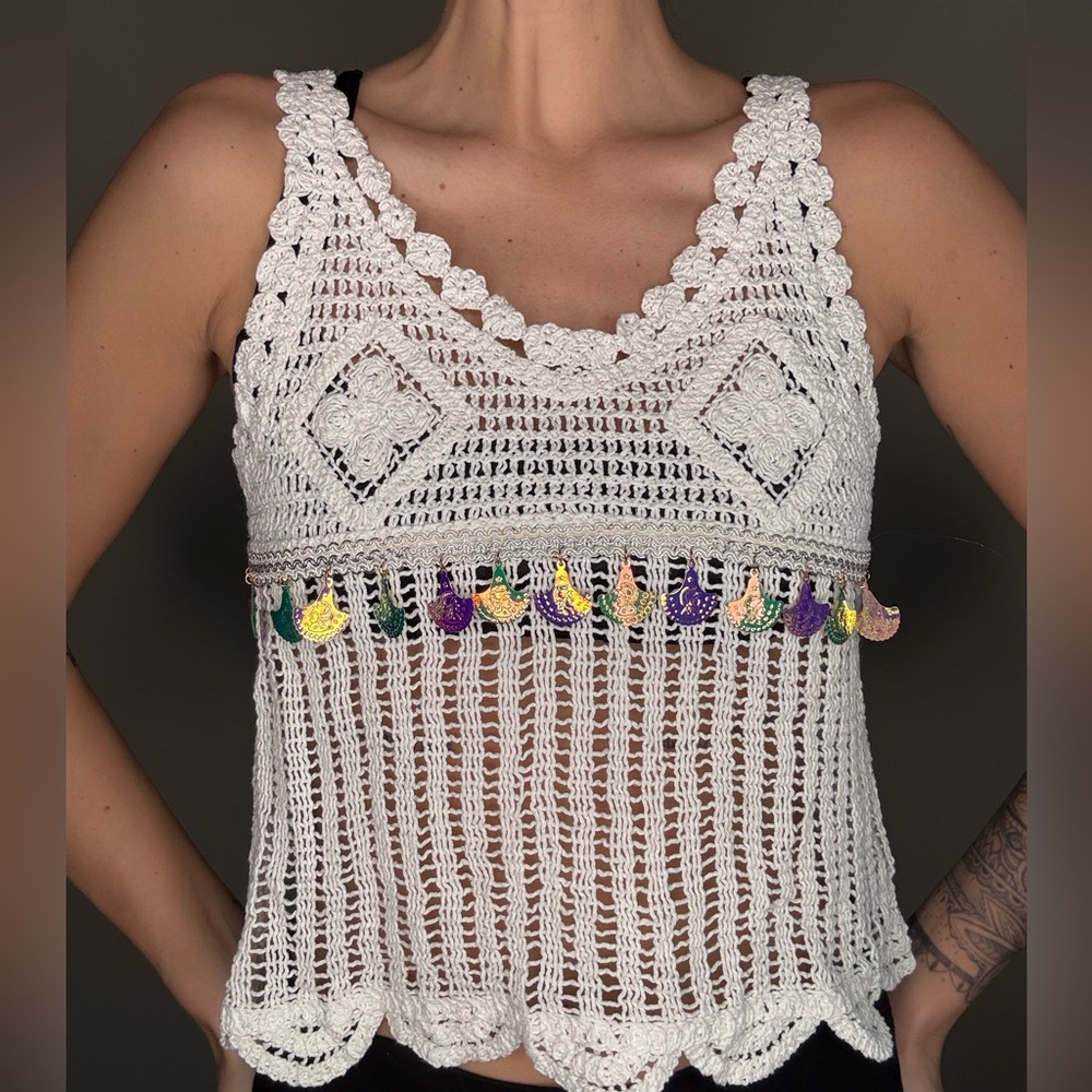 Chic White Crochet Tank Top with Colorful Accents